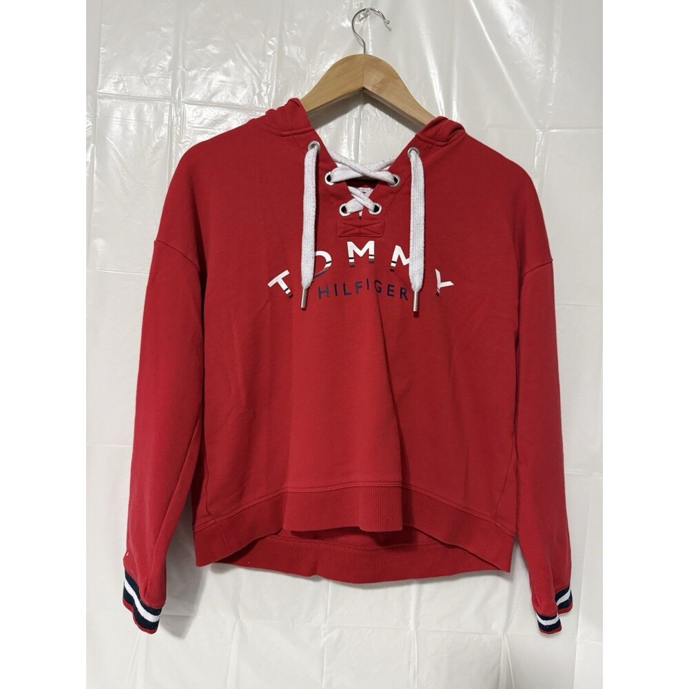 Tommy Hilfiger Sport Womens M Red Lace Up Hoodie Sweatshirt Logo Pullover.